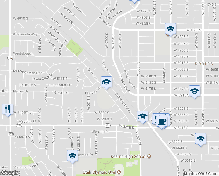 map of restaurants, bars, coffee shops, grocery stores, and more near 5170 South Charlotte Avenue in Kearns