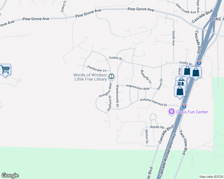 map of restaurants, bars, coffee shops, grocery stores, and more near 3168 Avington Way in Shasta Lake