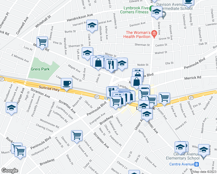 map of restaurants, bars, coffee shops, grocery stores, and more near 28 Peninsula Boulevard in Lynbrook