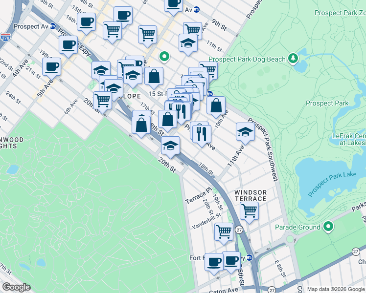 map of restaurants, bars, coffee shops, grocery stores, and more near 528 17th Street in Brooklyn