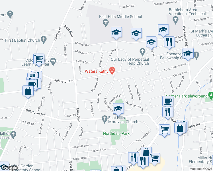 map of restaurants, bars, coffee shops, grocery stores, and more near 3063 Avon Road in Bethlehem