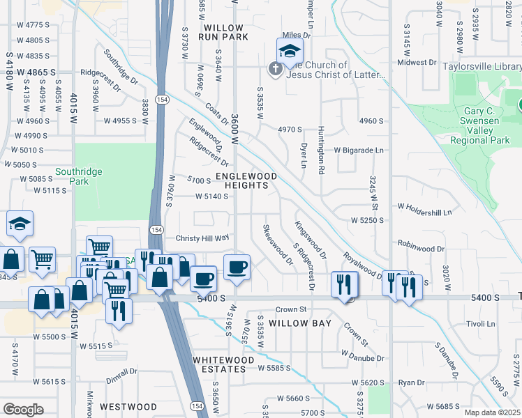 map of restaurants, bars, coffee shops, grocery stores, and more near 3536 West Churchwood Drive in Salt Lake City