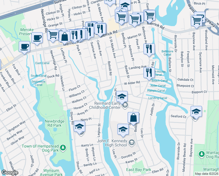 map of restaurants, bars, coffee shops, grocery stores, and more near 2631 Belmill Road in Bellmore