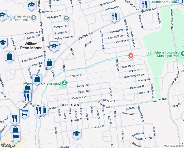 map of restaurants, bars, coffee shops, grocery stores, and more near 3814 Trythall Street in Bethlehem