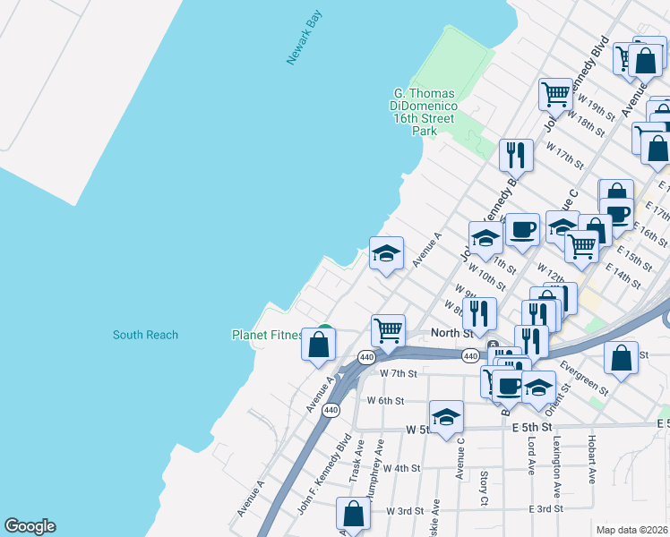 map of restaurants, bars, coffee shops, grocery stores, and more near 23 Bayside Drive in Bayonne