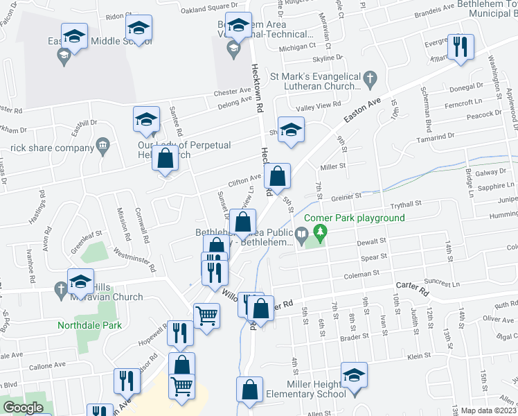 map of restaurants, bars, coffee shops, grocery stores, and more near 3421 Easton Avenue in Bethlehem