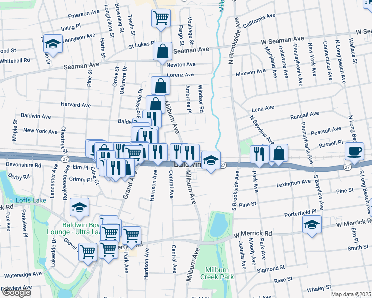 map of restaurants, bars, coffee shops, grocery stores, and more near 882 Milburn Court in Baldwin