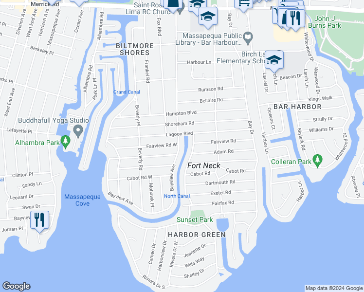 map of restaurants, bars, coffee shops, grocery stores, and more near 206 Bayview Avenue in Massapequa