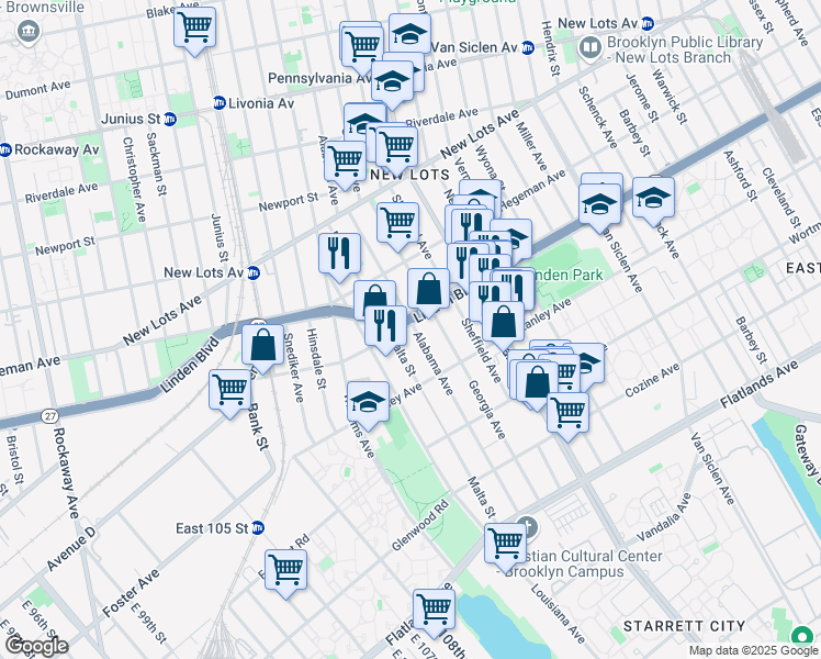map of restaurants, bars, coffee shops, grocery stores, and more near 1866 Linden Boulevard in Brooklyn