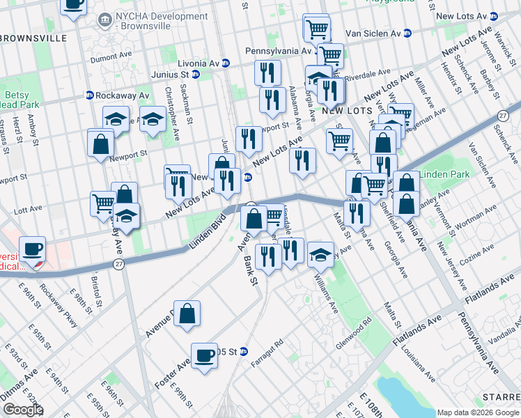map of restaurants, bars, coffee shops, grocery stores, and more near 1723 Linden Boulevard in Brooklyn
