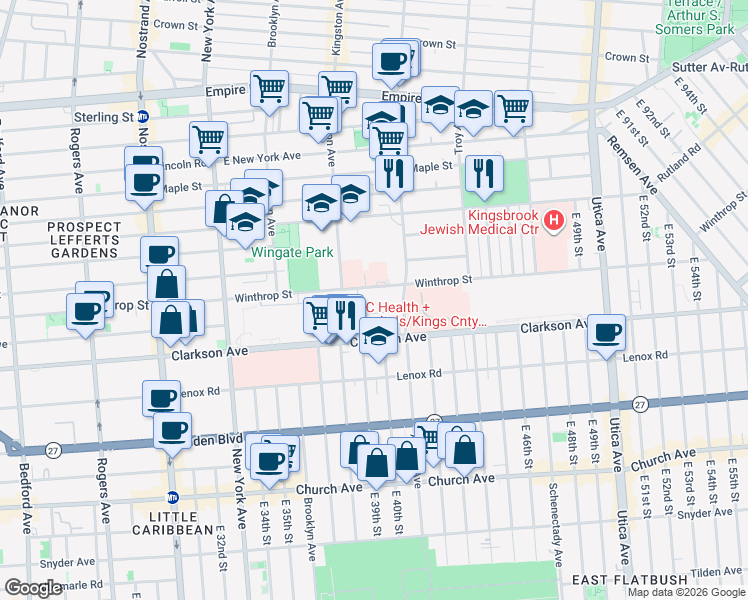 map of restaurants, bars, coffee shops, grocery stores, and more near 560 Winthrop Street in Brooklyn