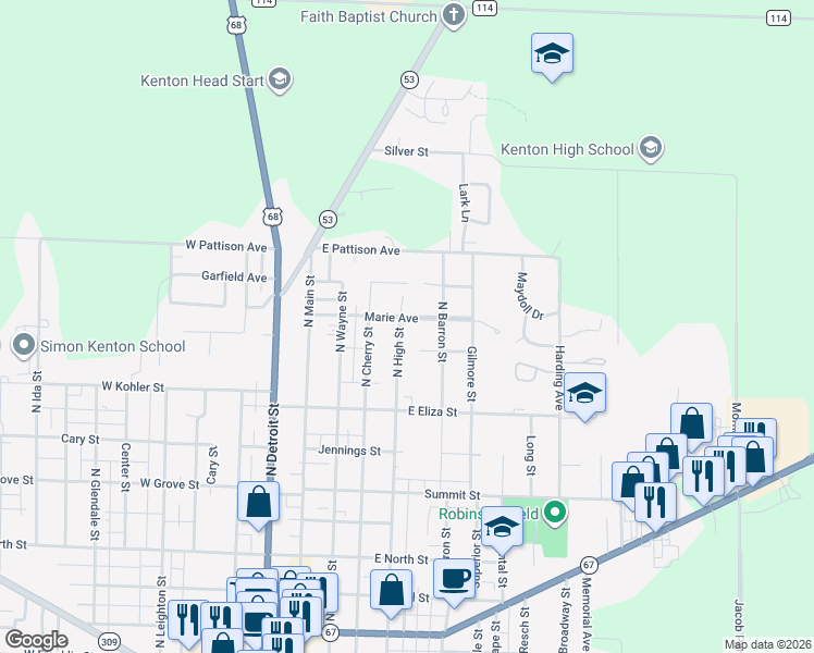 map of restaurants, bars, coffee shops, grocery stores, and more near 400 Marie Avenue in Kenton