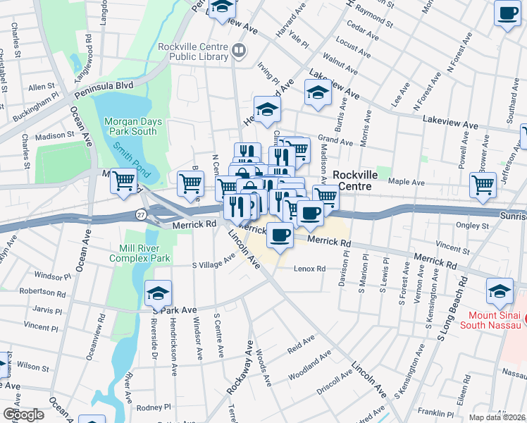 map of restaurants, bars, coffee shops, grocery stores, and more near 212 New York 27 in Rockville Centre