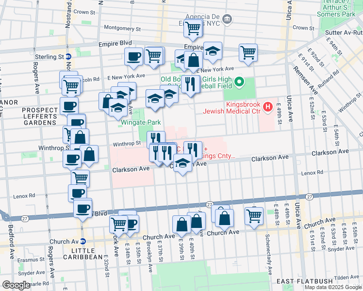 map of restaurants, bars, coffee shops, grocery stores, and more near 560 Winthrop Street in Brooklyn