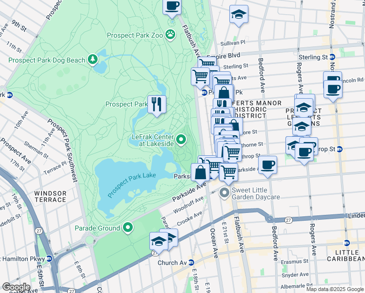 map of restaurants, bars, coffee shops, grocery stores, and more near 171 East Drive in Brooklyn