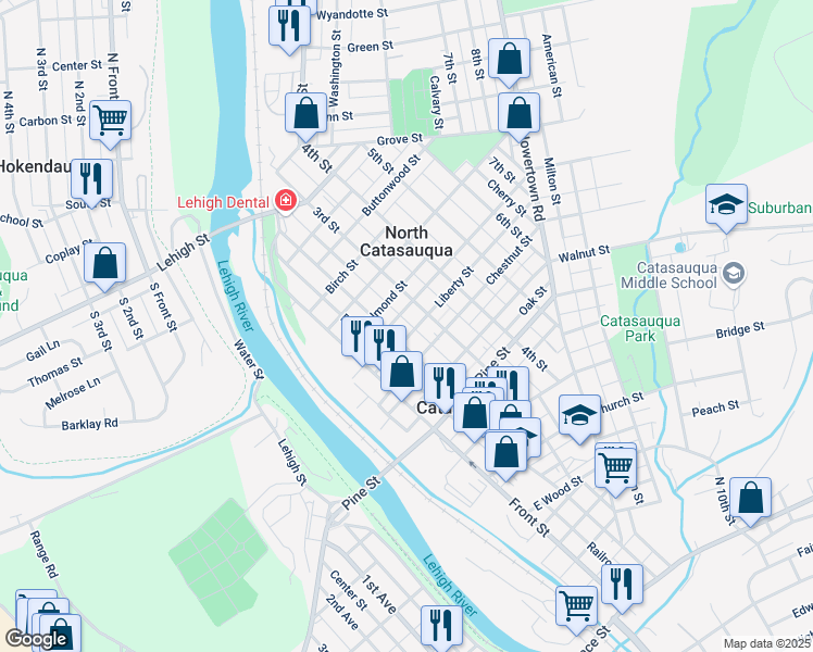 map of restaurants, bars, coffee shops, grocery stores, and more near 756 Limestone Street in Catasauqua