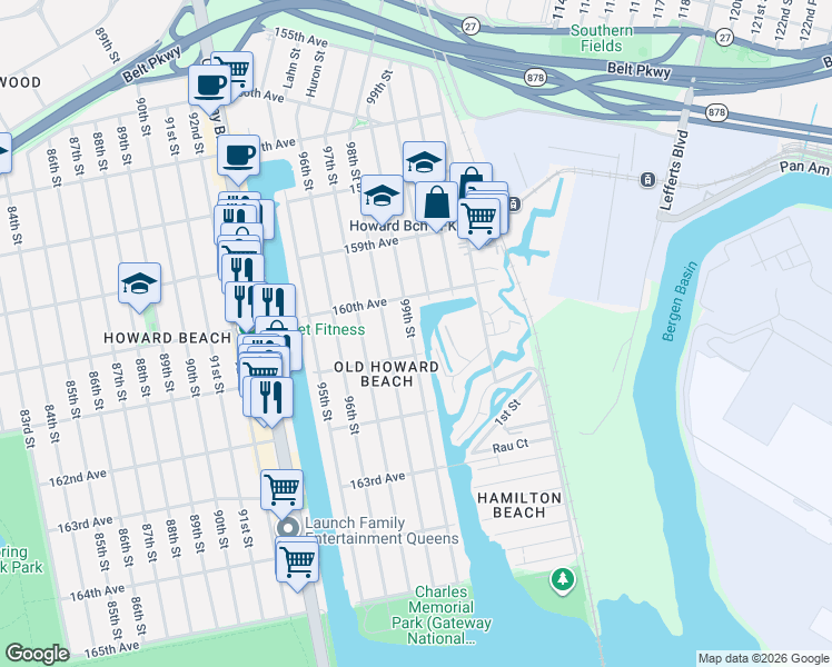 map of restaurants, bars, coffee shops, grocery stores, and more near 160-35 99th Street in Queens