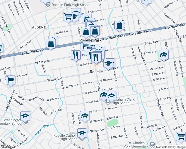 map of restaurants, bars, coffee shops, grocery stores, and more near 109 West 3rd Avenue in Roselle