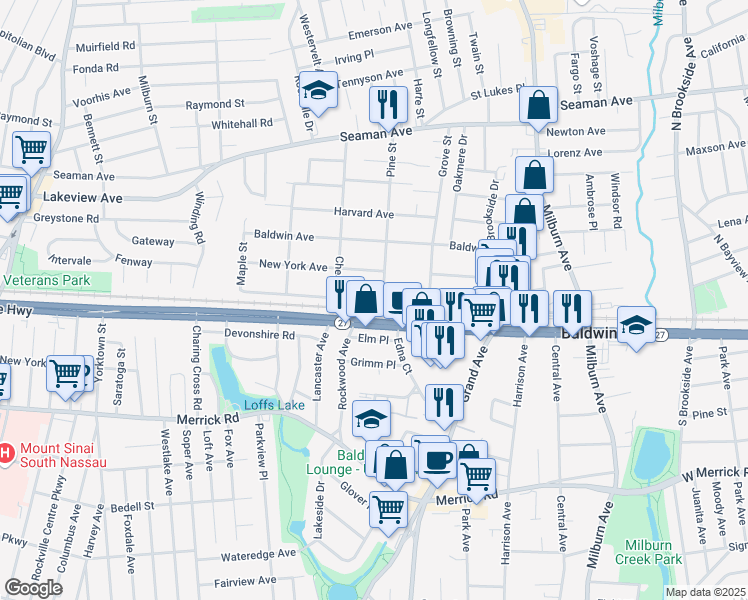 map of restaurants, bars, coffee shops, grocery stores, and more near 500 Brooklyn Avenue in Baldwin