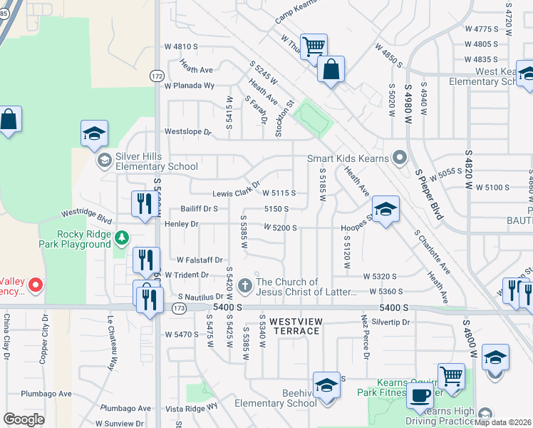 map of restaurants, bars, coffee shops, grocery stores, and more near 5329 5150 South in Kearns