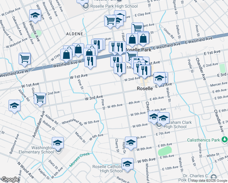 map of restaurants, bars, coffee shops, grocery stores, and more near 224 West 3rd Avenue in Roselle
