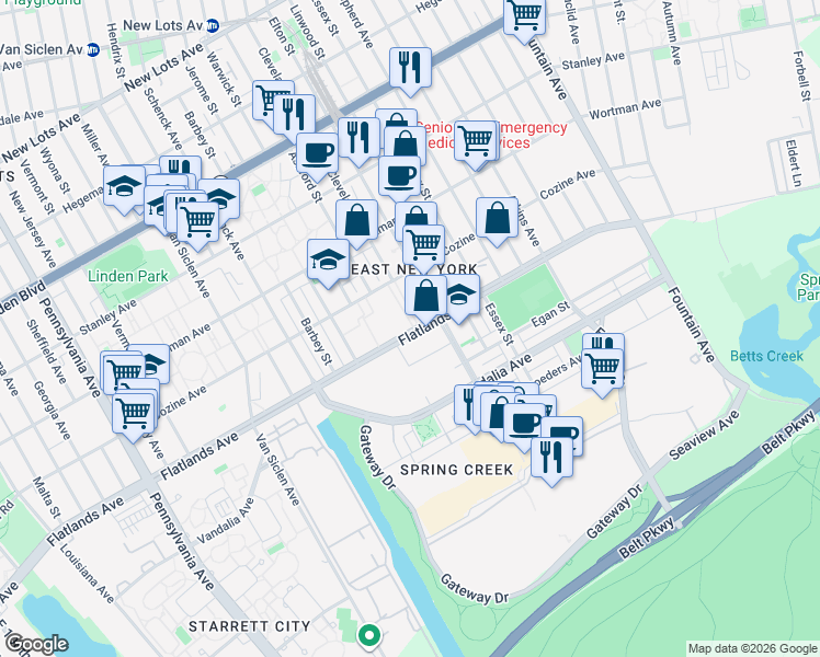 map of restaurants, bars, coffee shops, grocery stores, and more near 12421 Flatlands Avenue in Brooklyn