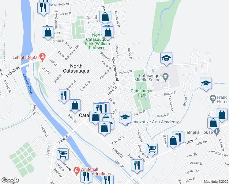 map of restaurants, bars, coffee shops, grocery stores, and more near 520 5th Street in Catasauqua