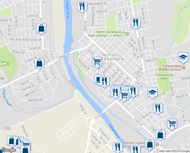 map of restaurants, bars, coffee shops, grocery stores, and more near 1022 Railroad Street in Catasauqua