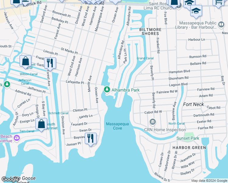 map of restaurants, bars, coffee shops, grocery stores, and more near 9 Alhambra Road in Massapequa
