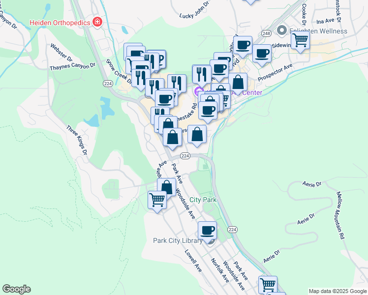 map of restaurants, bars, coffee shops, grocery stores, and more near 1600 Park Avenue in Park City