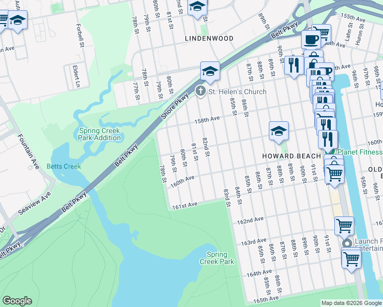 map of restaurants, bars, coffee shops, grocery stores, and more near 81-4 159th Avenue in Queens