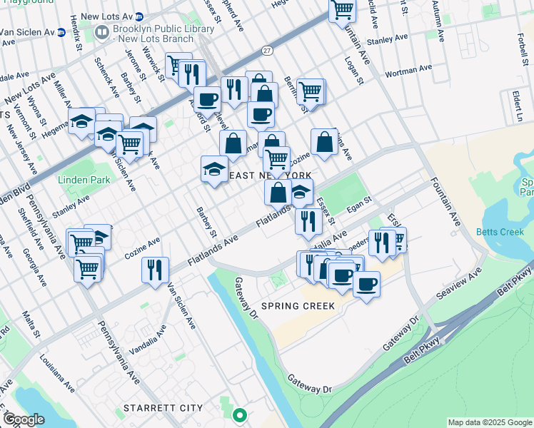 map of restaurants, bars, coffee shops, grocery stores, and more near 12421 Flatlands Avenue in Brooklyn