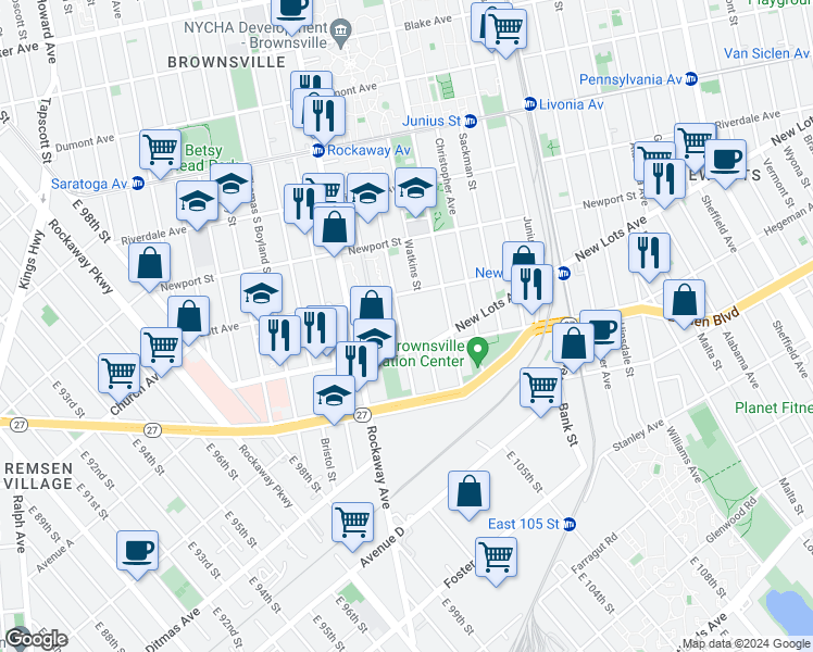 map of restaurants, bars, coffee shops, grocery stores, and more near 187 Hegeman Avenue in Brooklyn