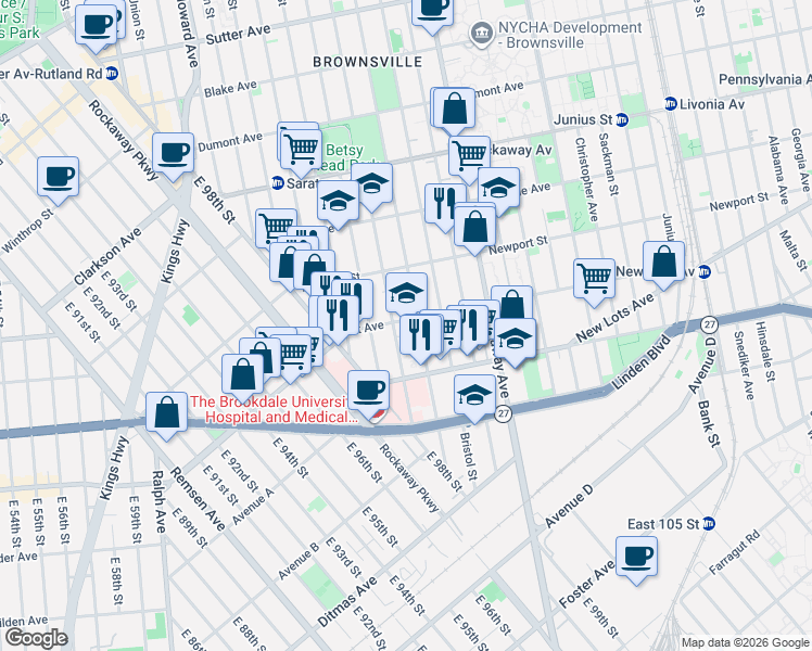 map of restaurants, bars, coffee shops, grocery stores, and more near 75 Lott Avenue in Brooklyn