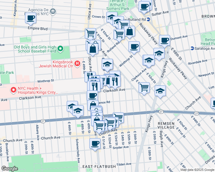map of restaurants, bars, coffee shops, grocery stores, and more near 151 East 52nd Street in Brooklyn
