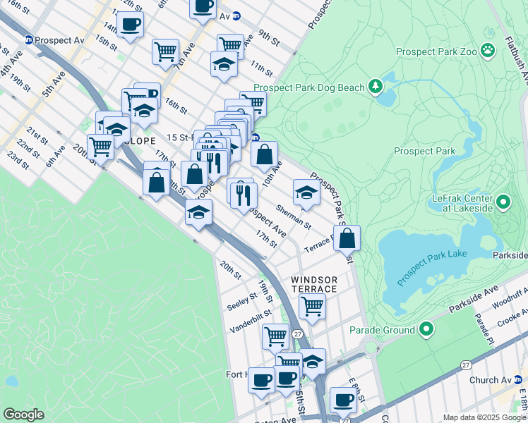 map of restaurants, bars, coffee shops, grocery stores, and more near 22 Sherman Street in Brooklyn