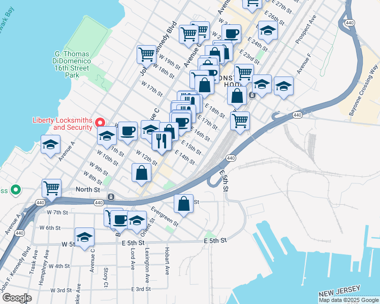map of restaurants, bars, coffee shops, grocery stores, and more near 22 East 15th Street in Bayonne