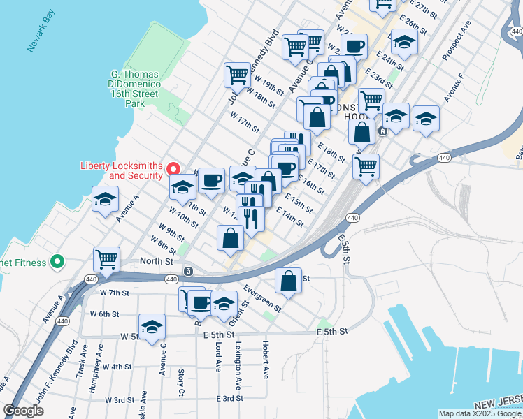 map of restaurants, bars, coffee shops, grocery stores, and more near 309 Broadway in Bayonne