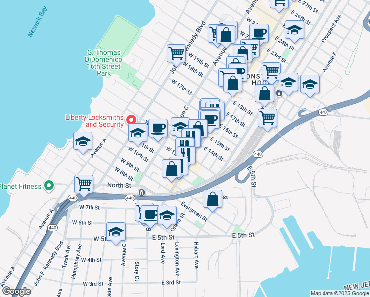 map of restaurants, bars, coffee shops, grocery stores, and more near 32 West 13th Street in Bayonne