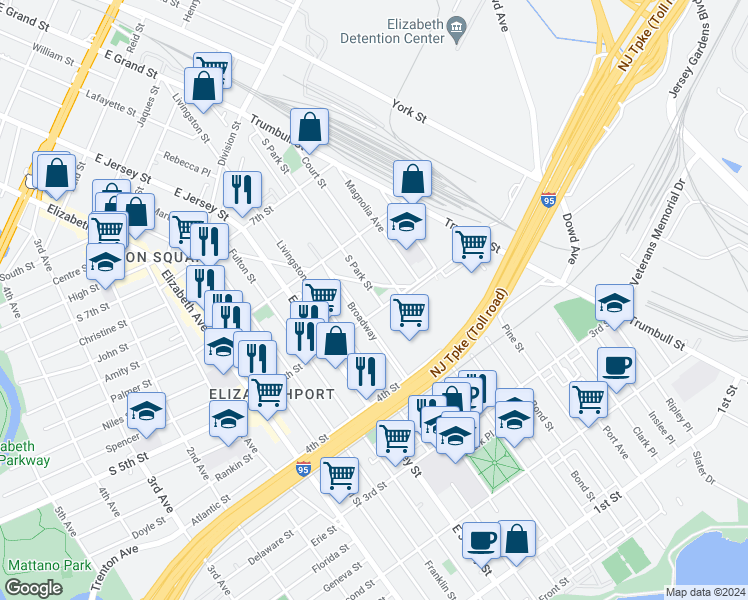 map of restaurants, bars, coffee shops, grocery stores, and more near 512 South Park Street in Elizabeth