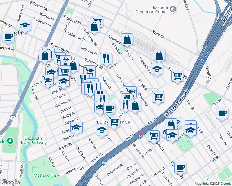 map of restaurants, bars, coffee shops, grocery stores, and more near 601 Fulton Street in Elizabeth