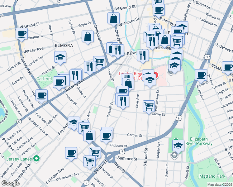 map of restaurants, bars, coffee shops, grocery stores, and more near 932 South Street in Elizabeth