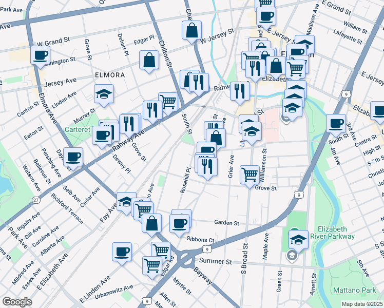 map of restaurants, bars, coffee shops, grocery stores, and more near 932 South Street in Elizabeth