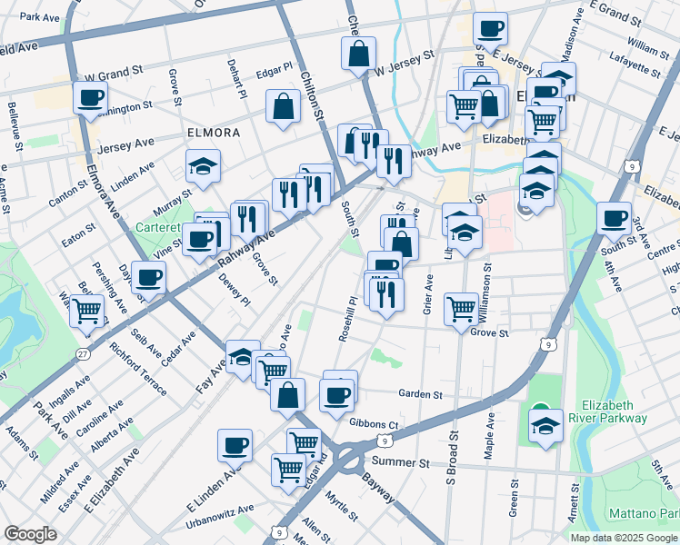 map of restaurants, bars, coffee shops, grocery stores, and more near 320 New York Avenue in Elizabeth