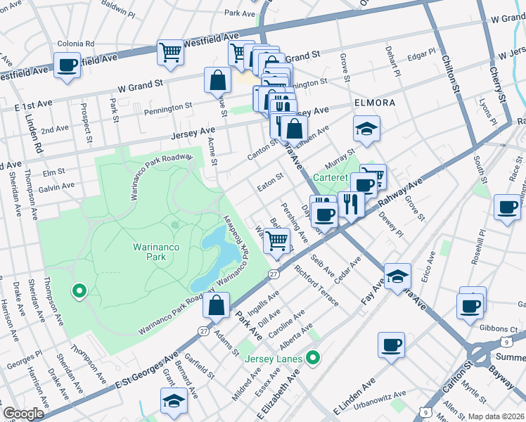 map of restaurants, bars, coffee shops, grocery stores, and more near 754 Murray Street in Elizabeth