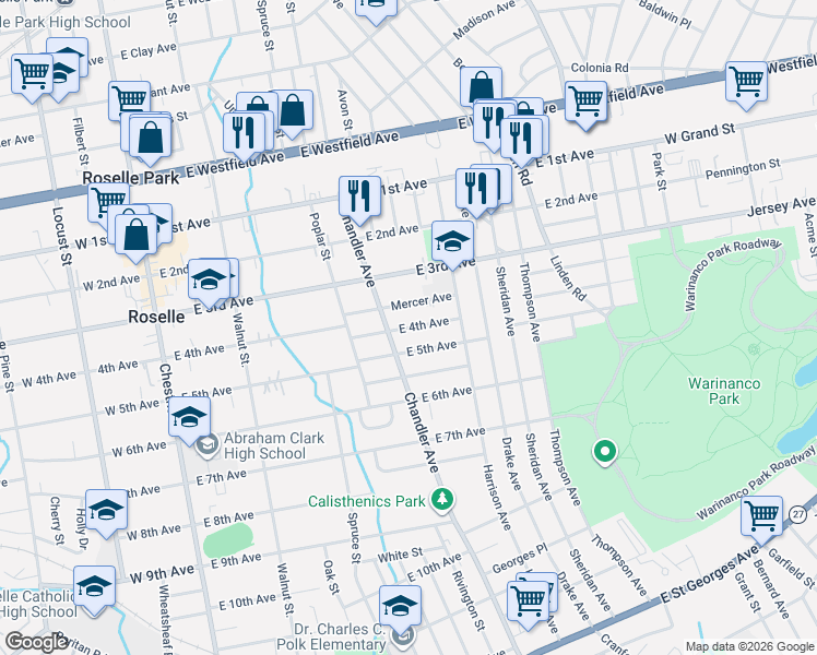 map of restaurants, bars, coffee shops, grocery stores, and more near 419 East 4th Avenue in Roselle