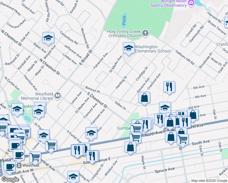 map of restaurants, bars, coffee shops, grocery stores, and more near 728 Harding Street in Westfield