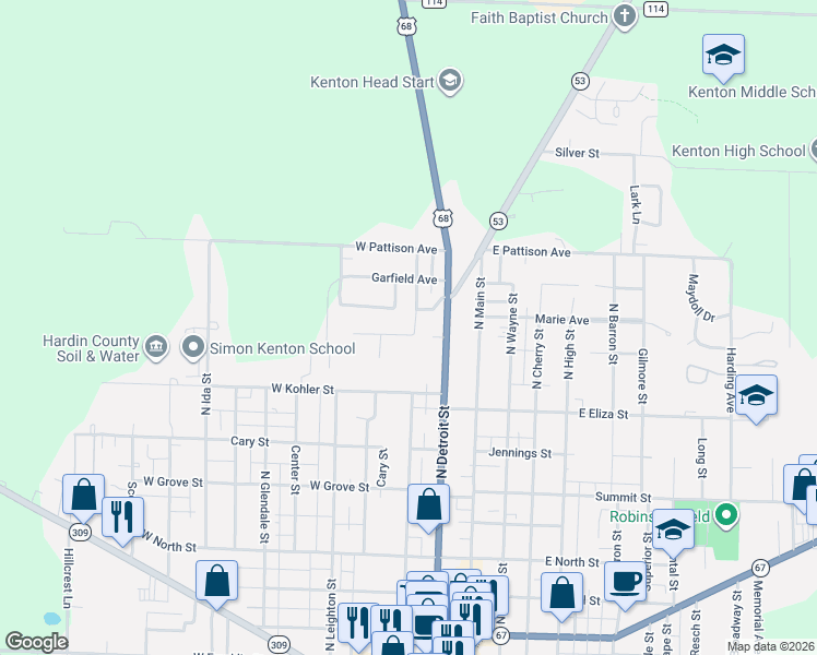 map of restaurants, bars, coffee shops, grocery stores, and more near 791 North Market Street in Kenton