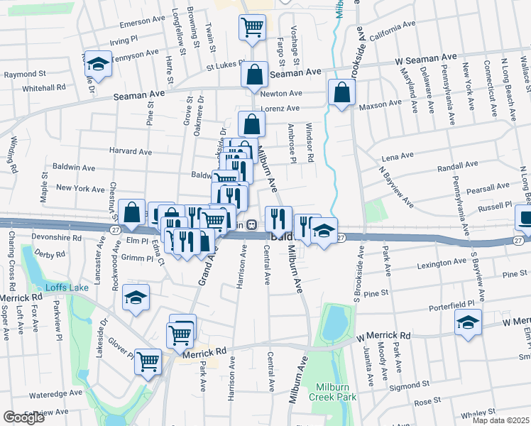 map of restaurants, bars, coffee shops, grocery stores, and more near 2157 Marion Place in Baldwin