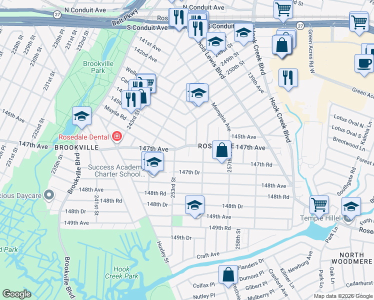 map of restaurants, bars, coffee shops, grocery stores, and more near 253-22 147th Avenue in Queens